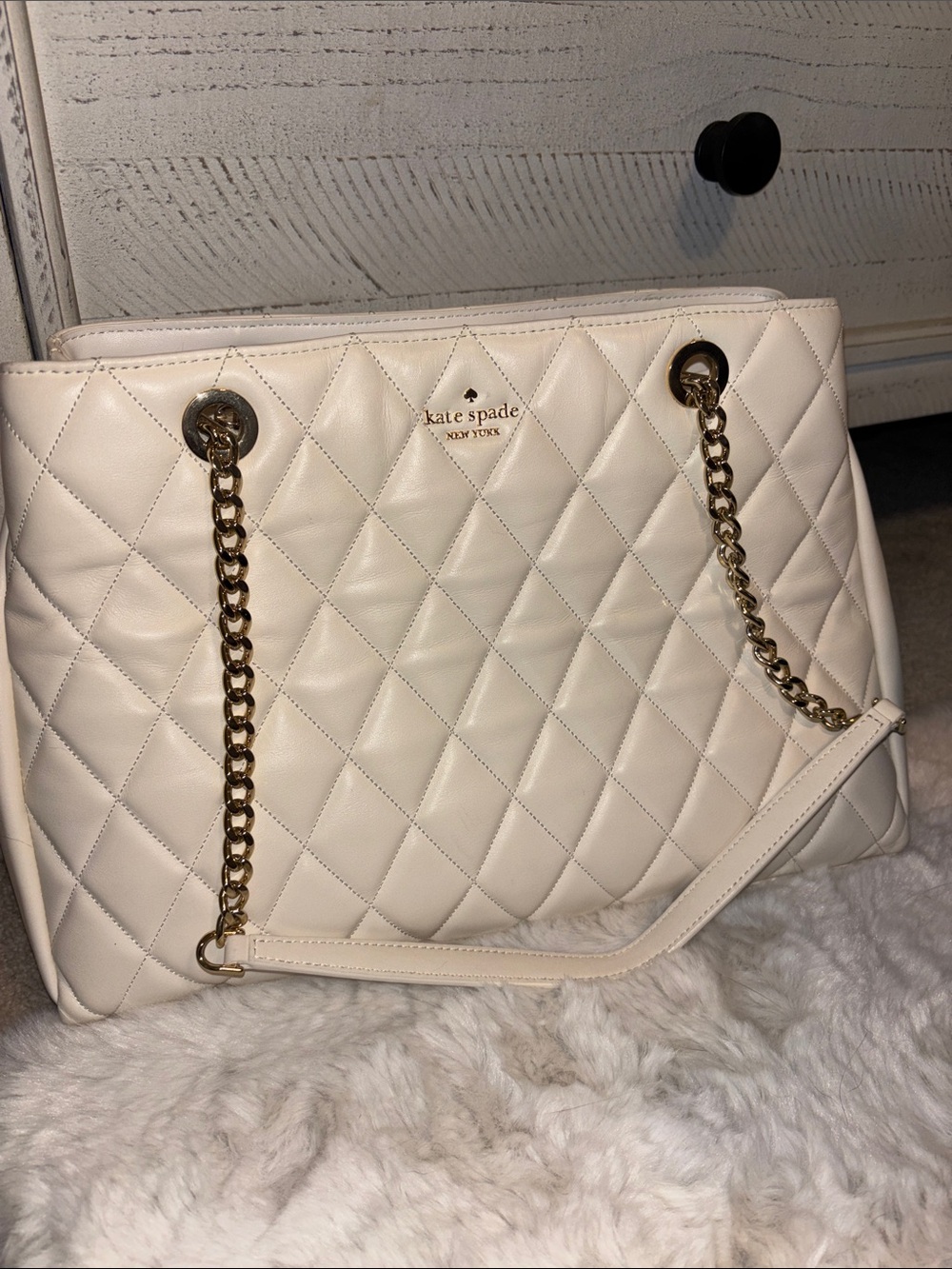 kate spade Quilted Cream Shoulder Tote with Gold Chain
